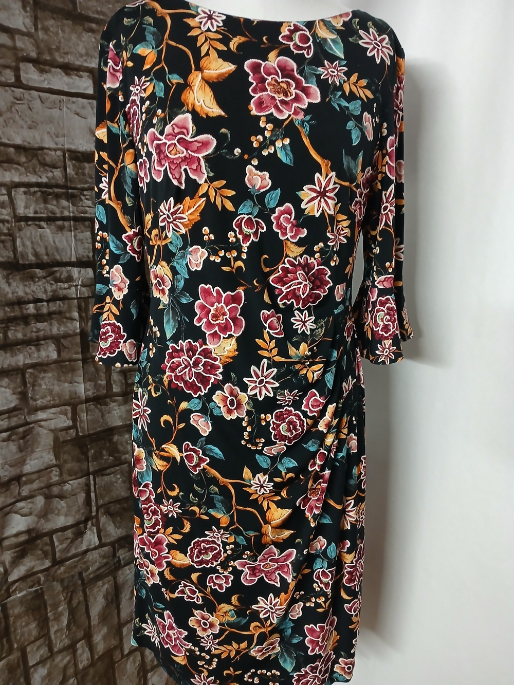 connected apparel Black Floral Long-Sleeve Sheath Dress with Pink & Gold Accents